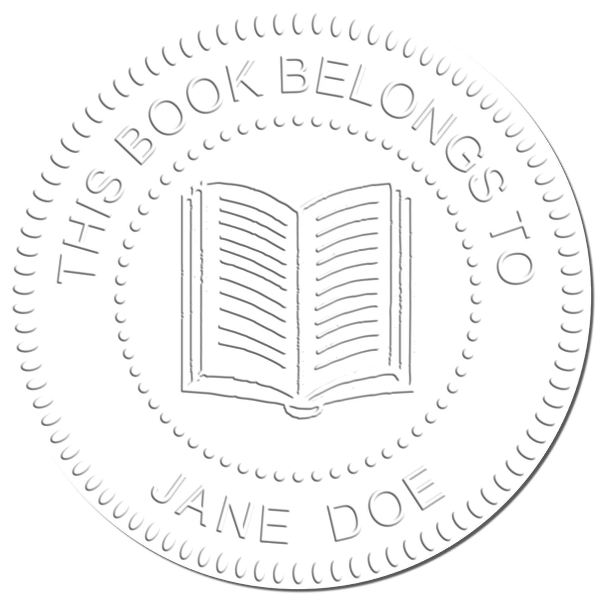 Circular This Book Belongs to Jane Doe bookplate with open book illustration for personal library ownership.