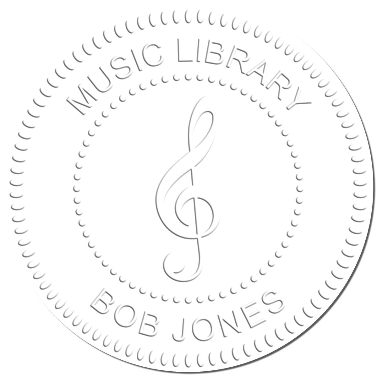 Music Library logo with treble clef and Bob Jones text, circular embossed design for music branding.