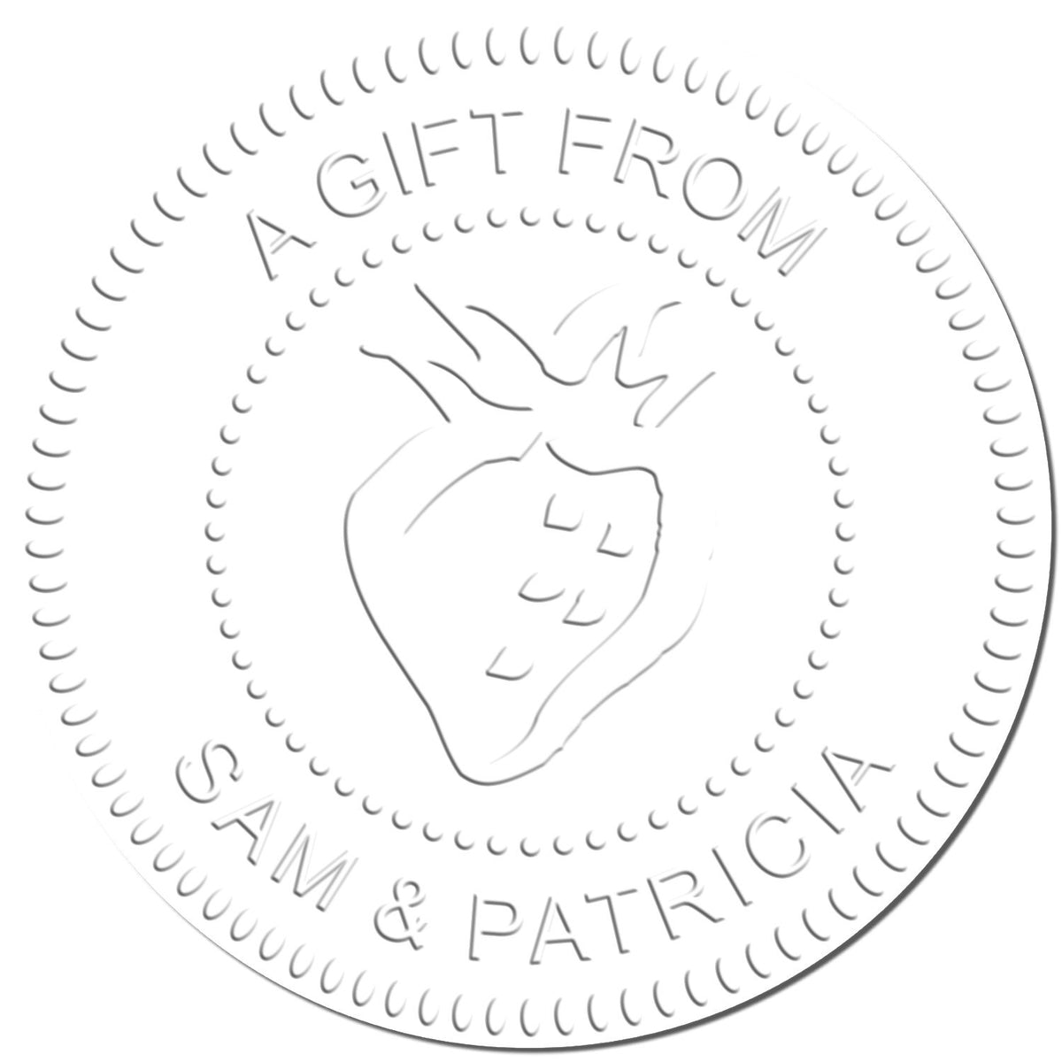 Embossed circular gift seal reading A Gift From Sam & Patricia with a heart design, personalized gift tag logo.