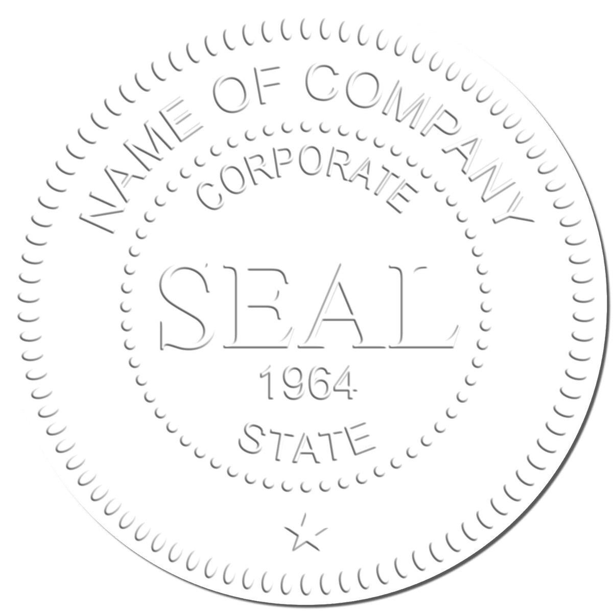 Embossed corporate seal stamp template with Name of Company, Corporate Seal 1964, and State text in a circular design.