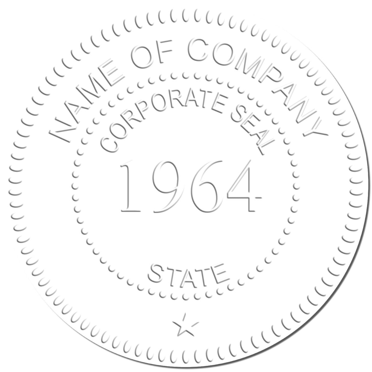Vintage 1964 corporate seal stamp template with blank company name and state text, circular embossed logo design