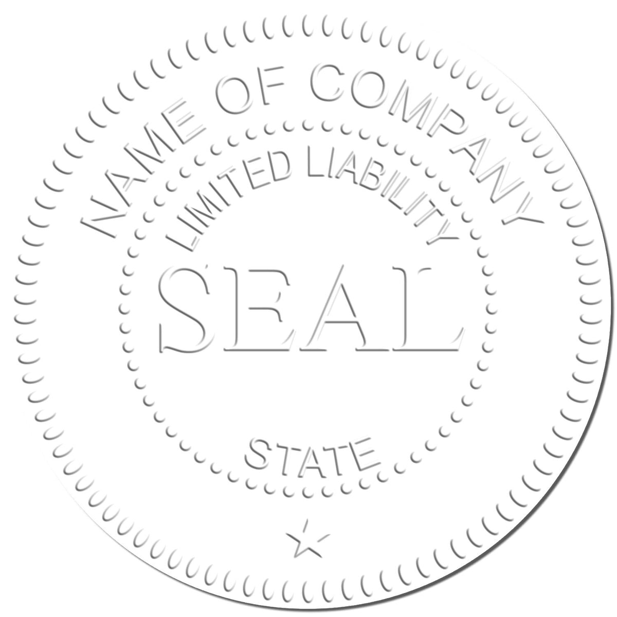 Close-up of a generic limited liability company seal stamp with Name of Company, Limited Liability, and State text.