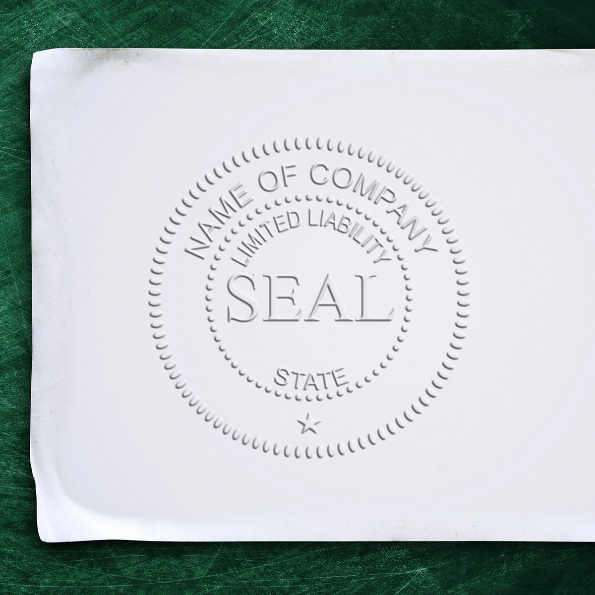 Embossed company seal on white document, featuring Name of Company, Limited Liability, and State on a green background.