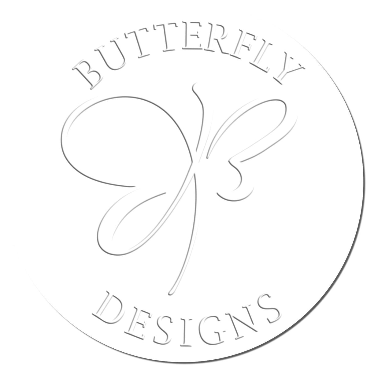 Butterfly Designs logo with elegant embossed butterfly emblem on a white background.