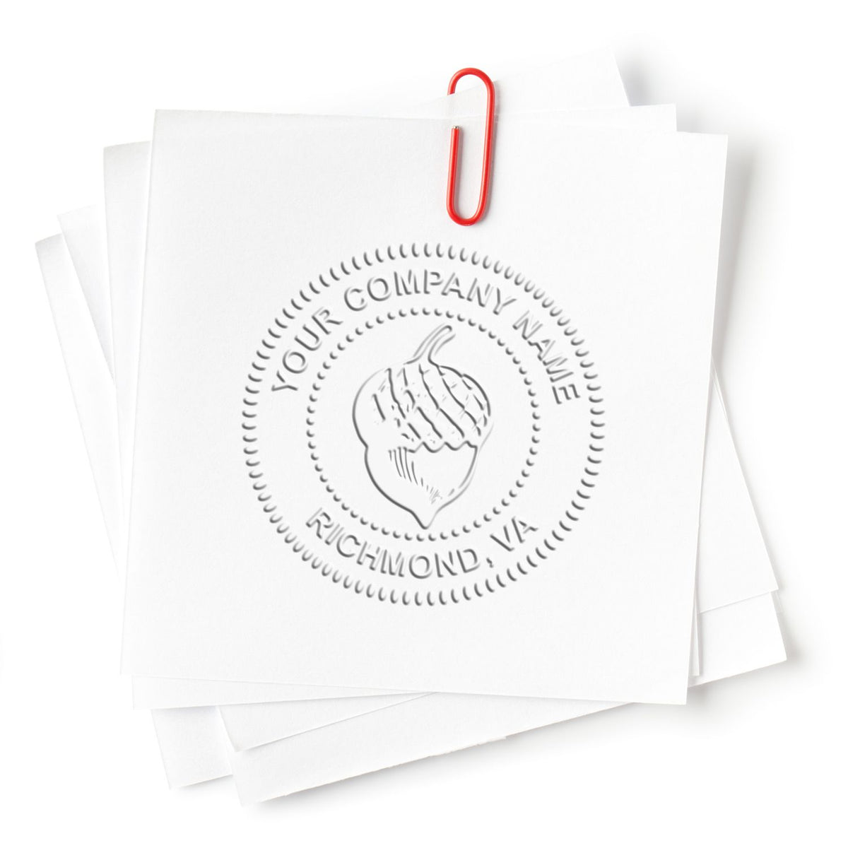 Stack of custom white business letterhead papers with embossed logo and red paperclip, branded stationery mockup.