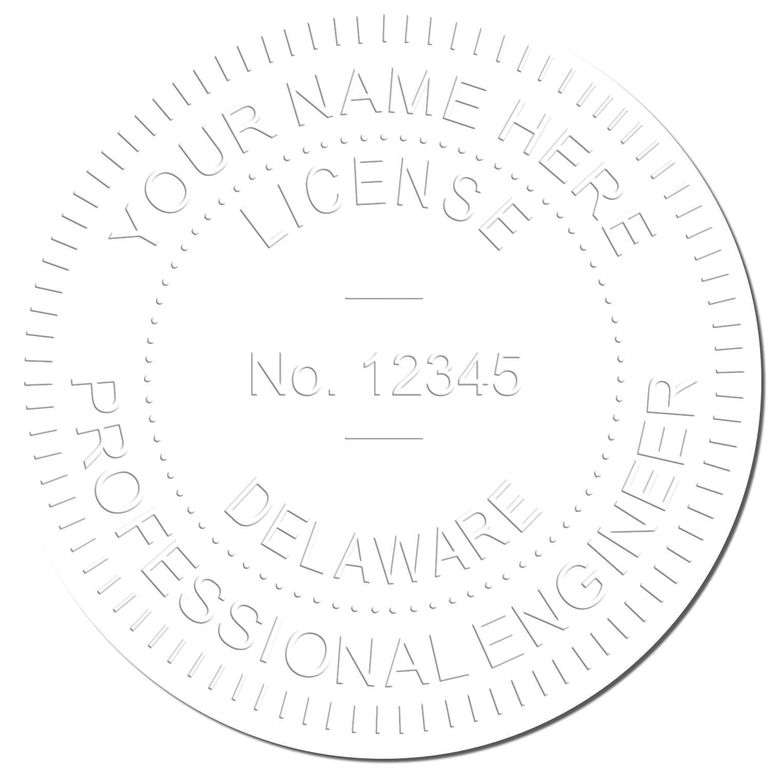 Embossed circular Delaware professional engineer seal with placeholder name and license number No. 1234-5