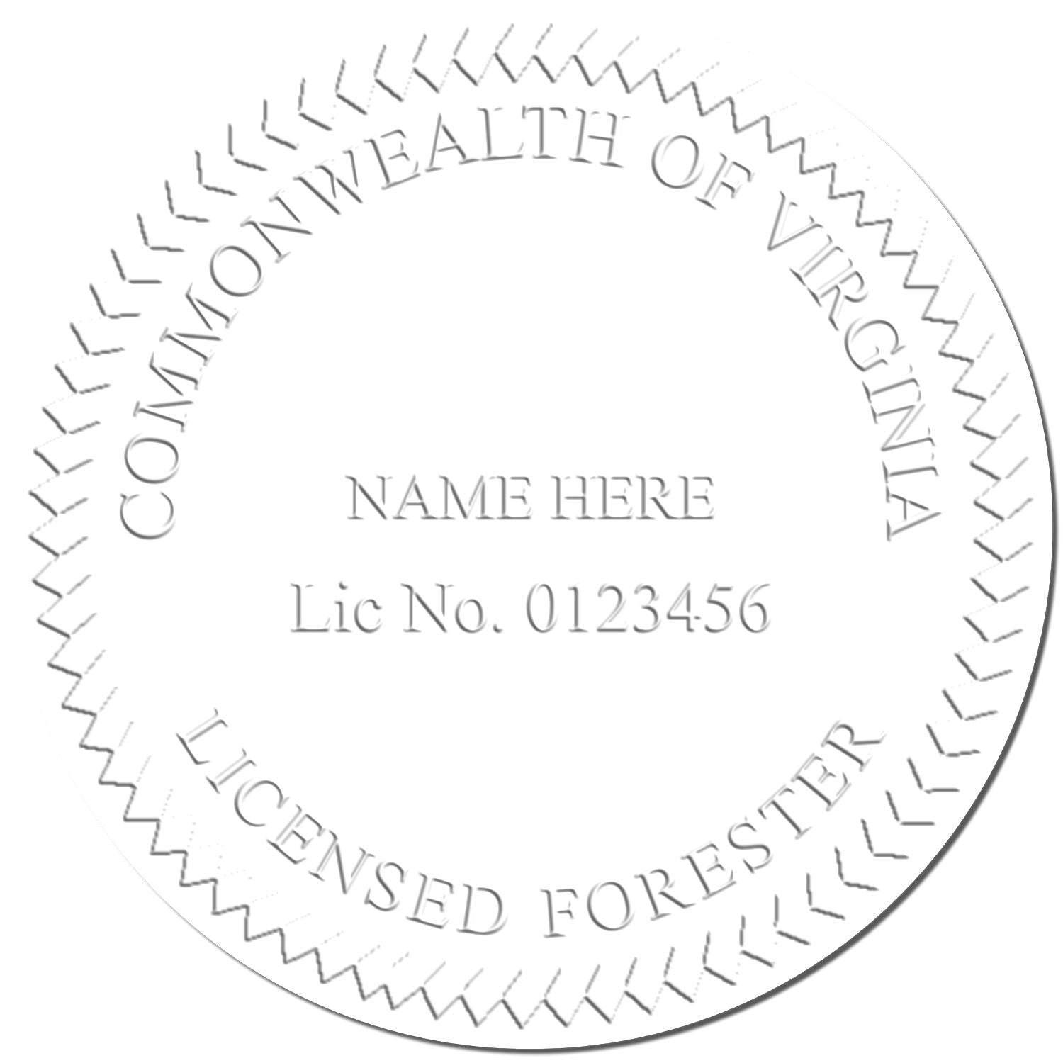 Circular Commonwealth of Virginia licensed forester seal stamp template with name and license number placeholders.