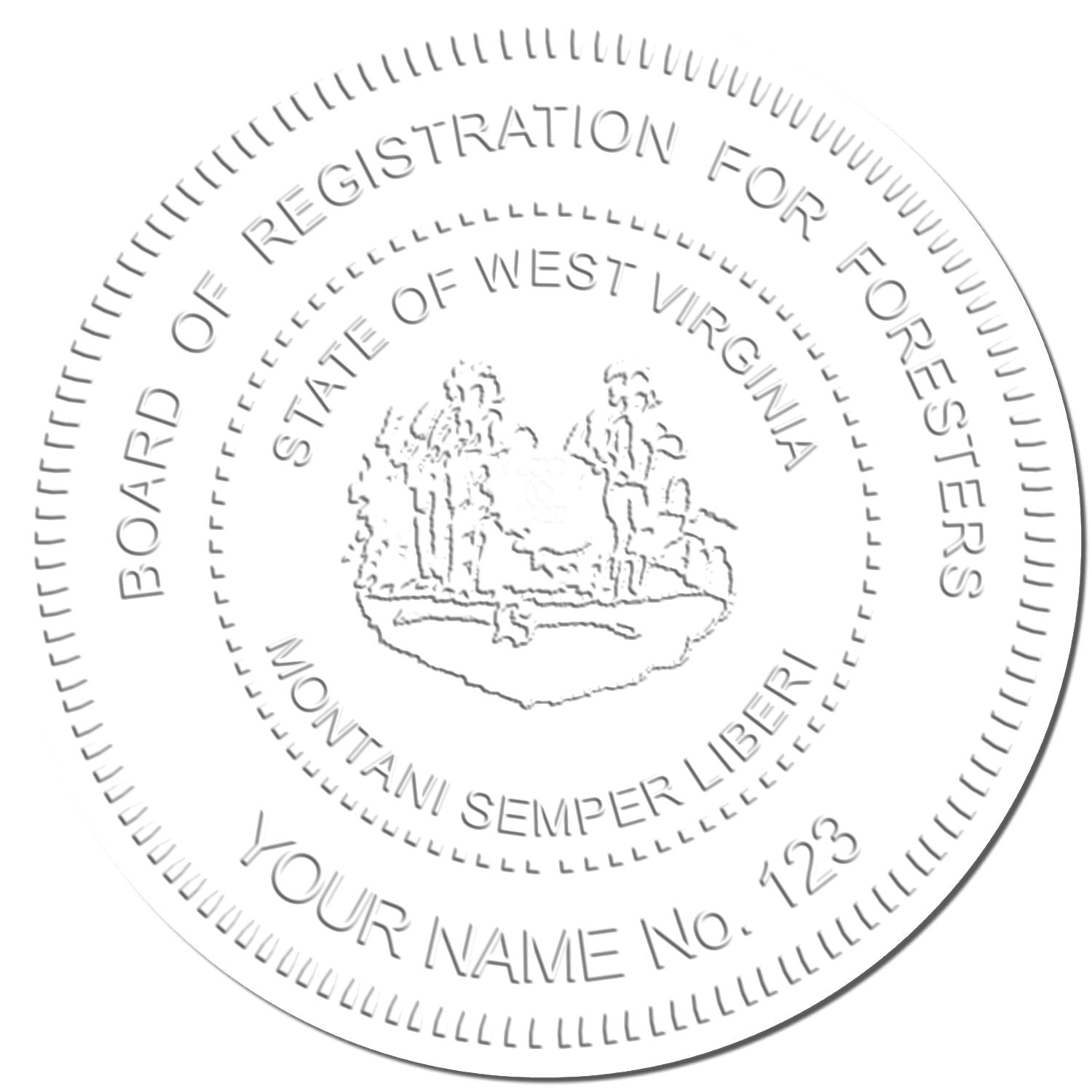Circular West Virginia Board of Registration for Foresters seal with mountain emblem and Montani Semper Liberi text.