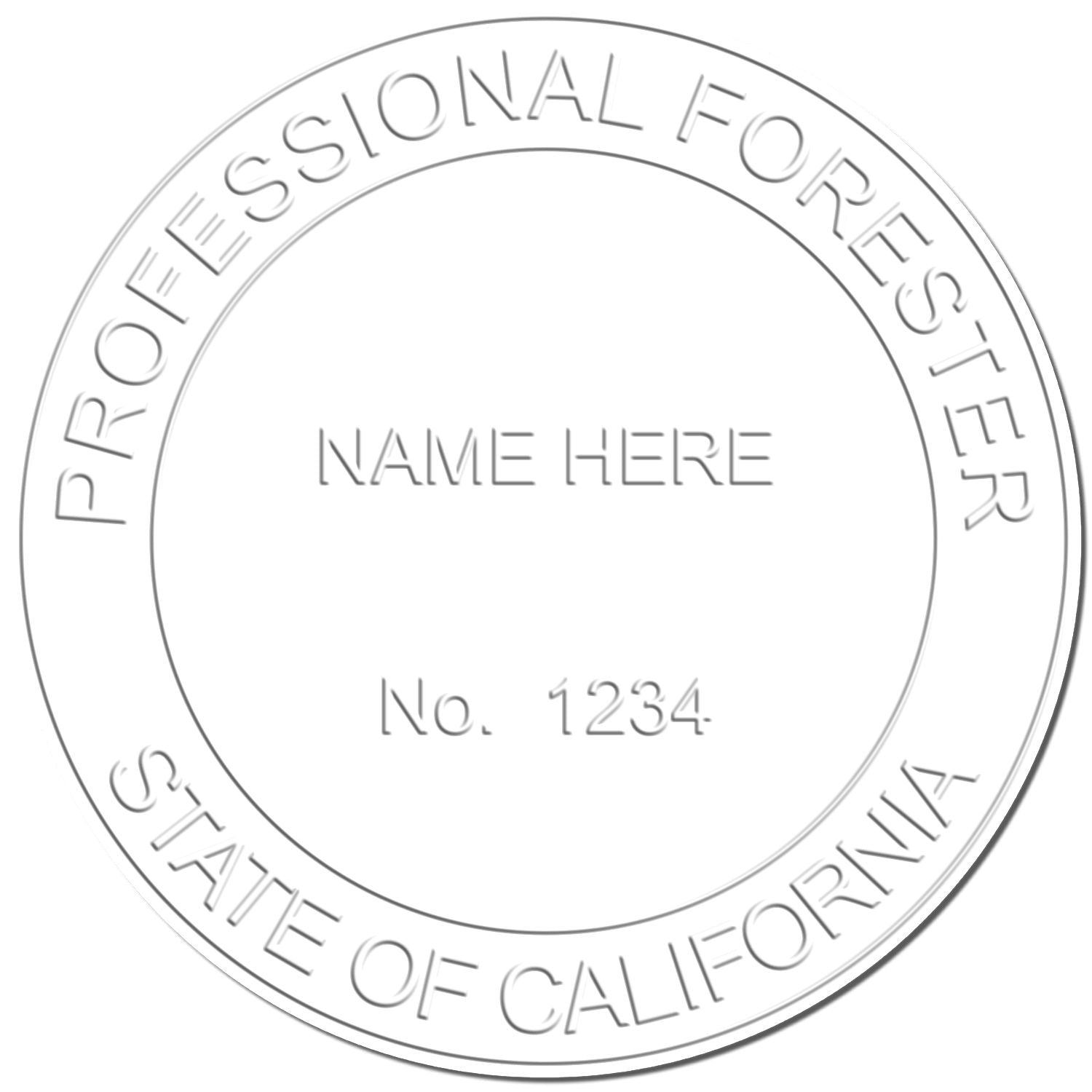 Circular Professional Forester State of California seal template with name placeholder and license number 1234.