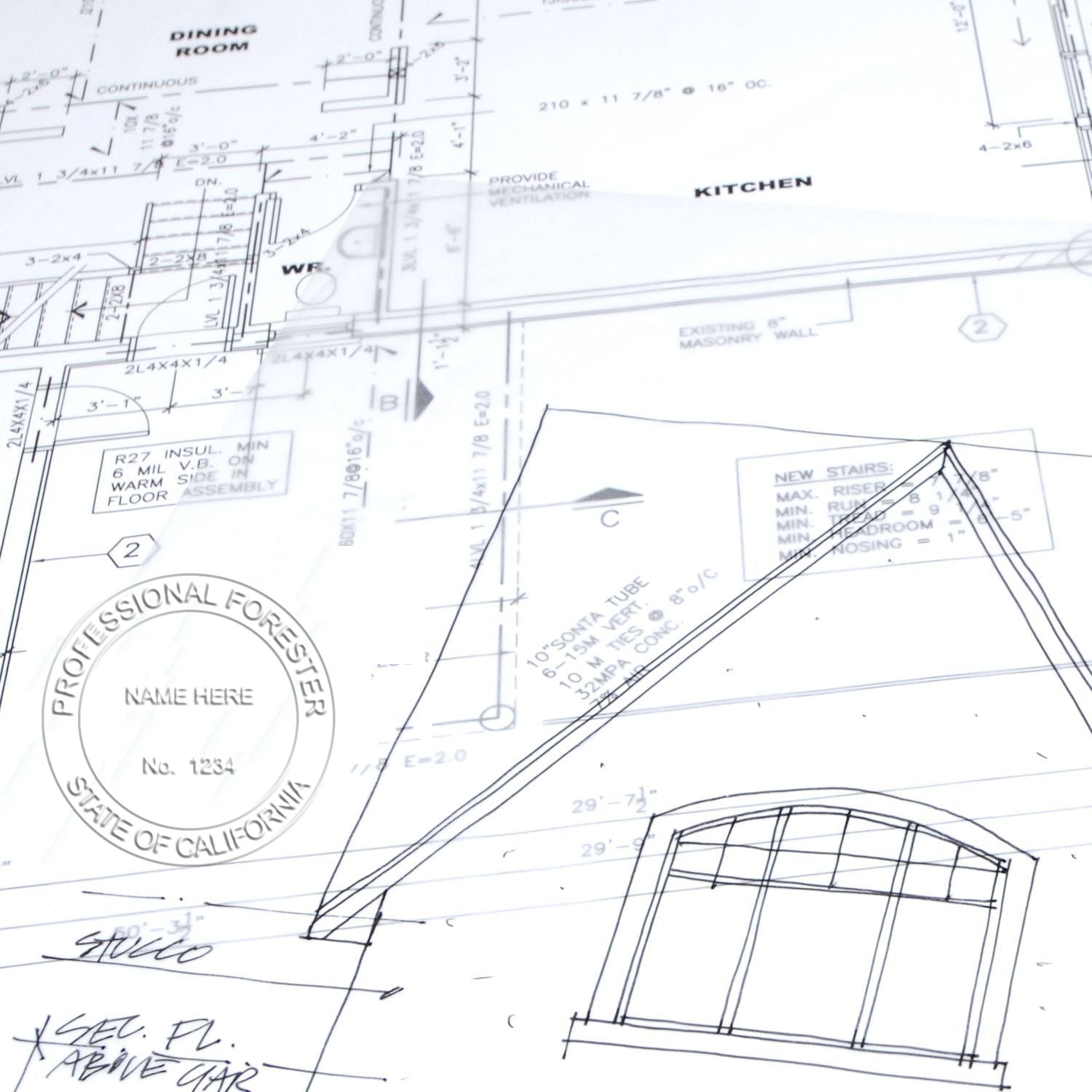 Architectural blueprint of a residential house floor plan with kitchen, dining room, stairs, and construction details.