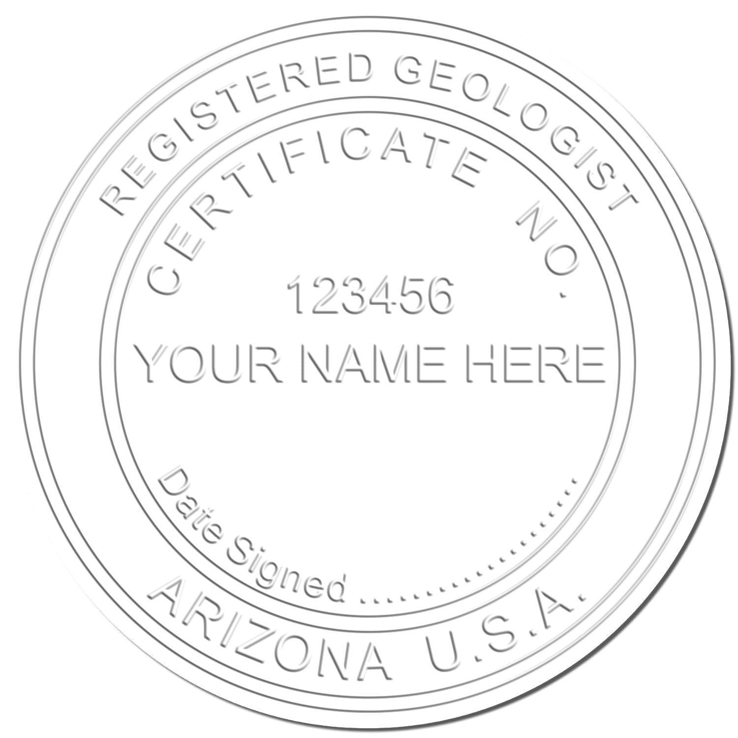 Circular registered geologist certification seal template with certificate number, name placeholder, date signed, and Arizona U.S.A. text.