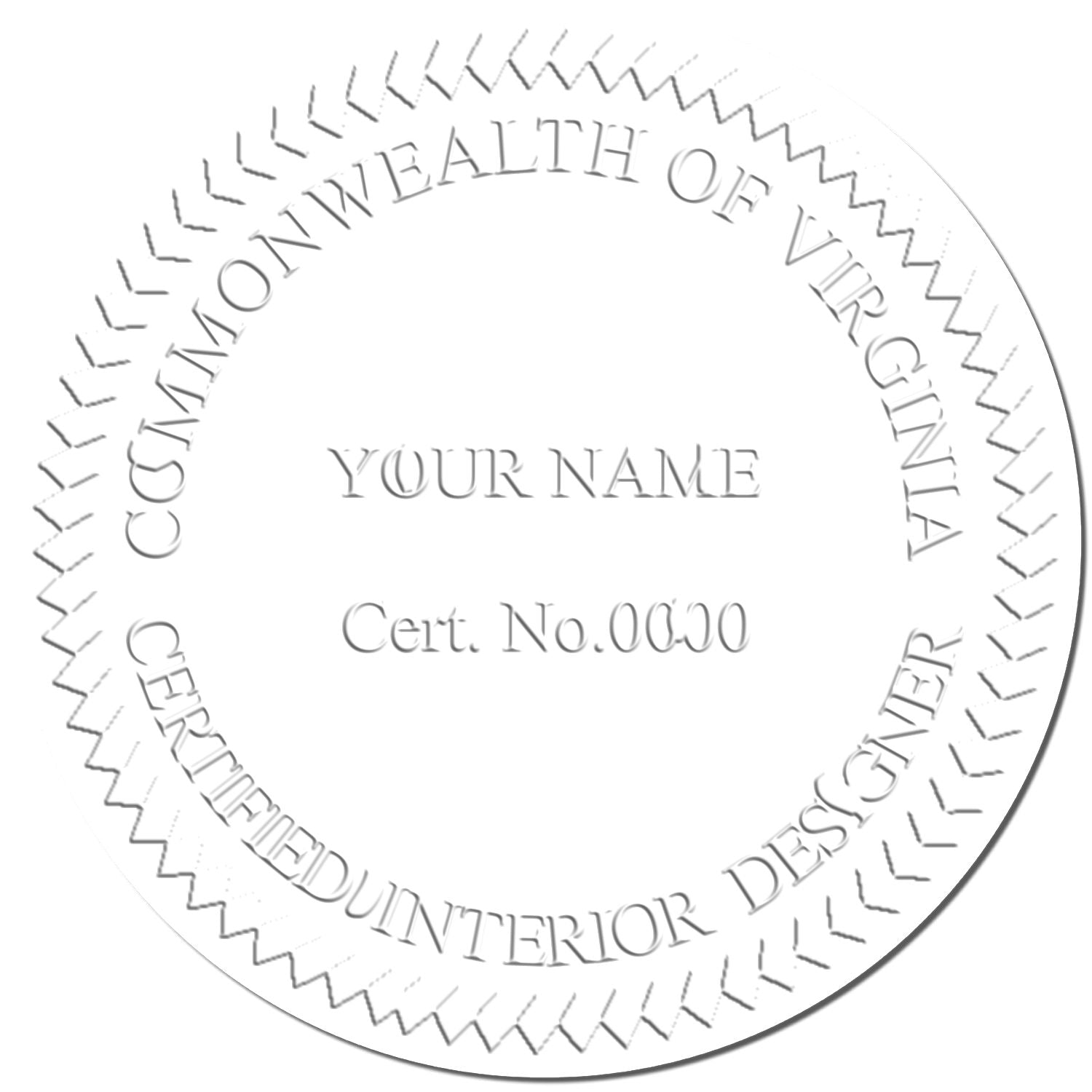 Circular certificate seal template for Commonwealth of Virginia certified interior designer, with name and certificate number placeholder.
