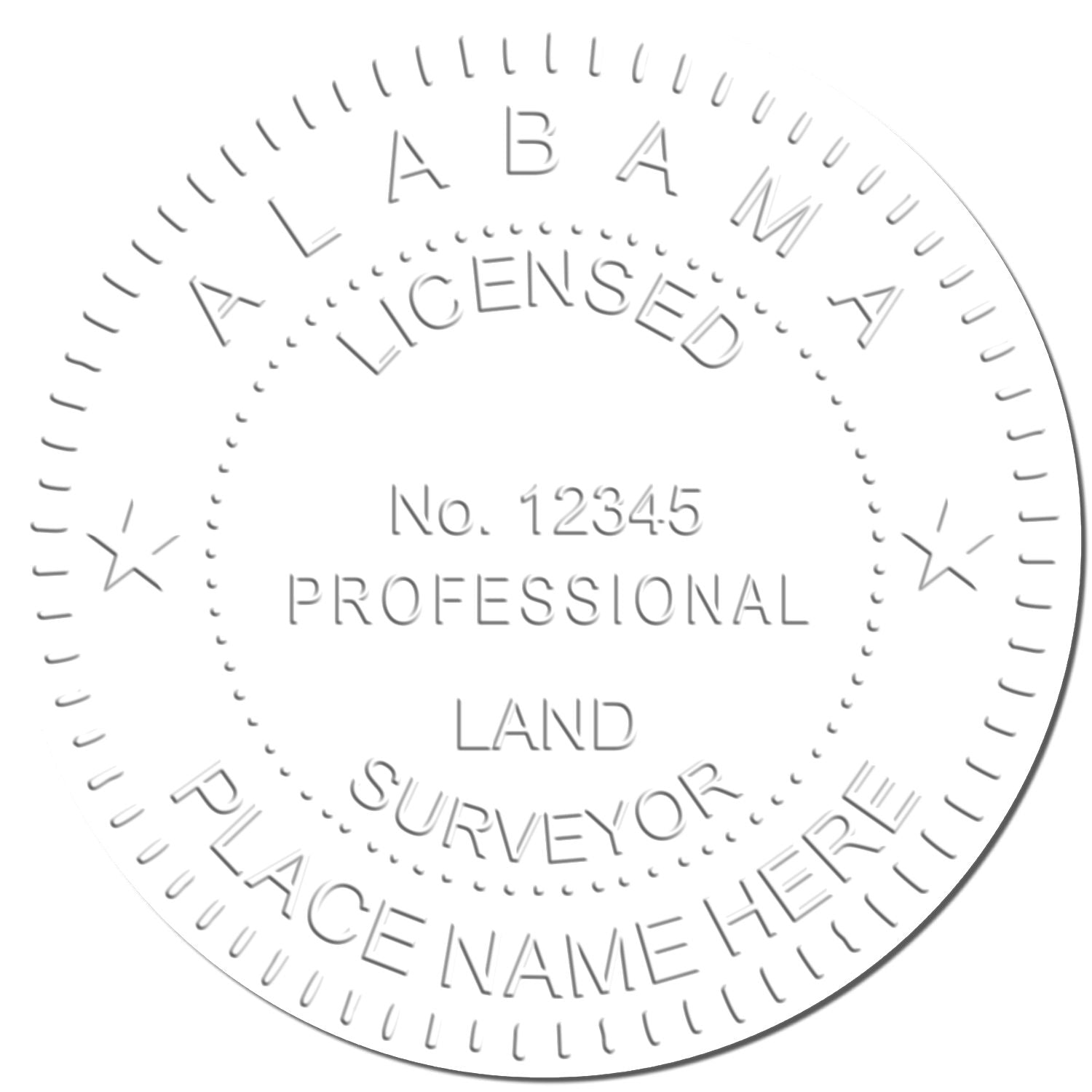 Alabama licensed professional land surveyor seal template with license number and place name placeholder.
