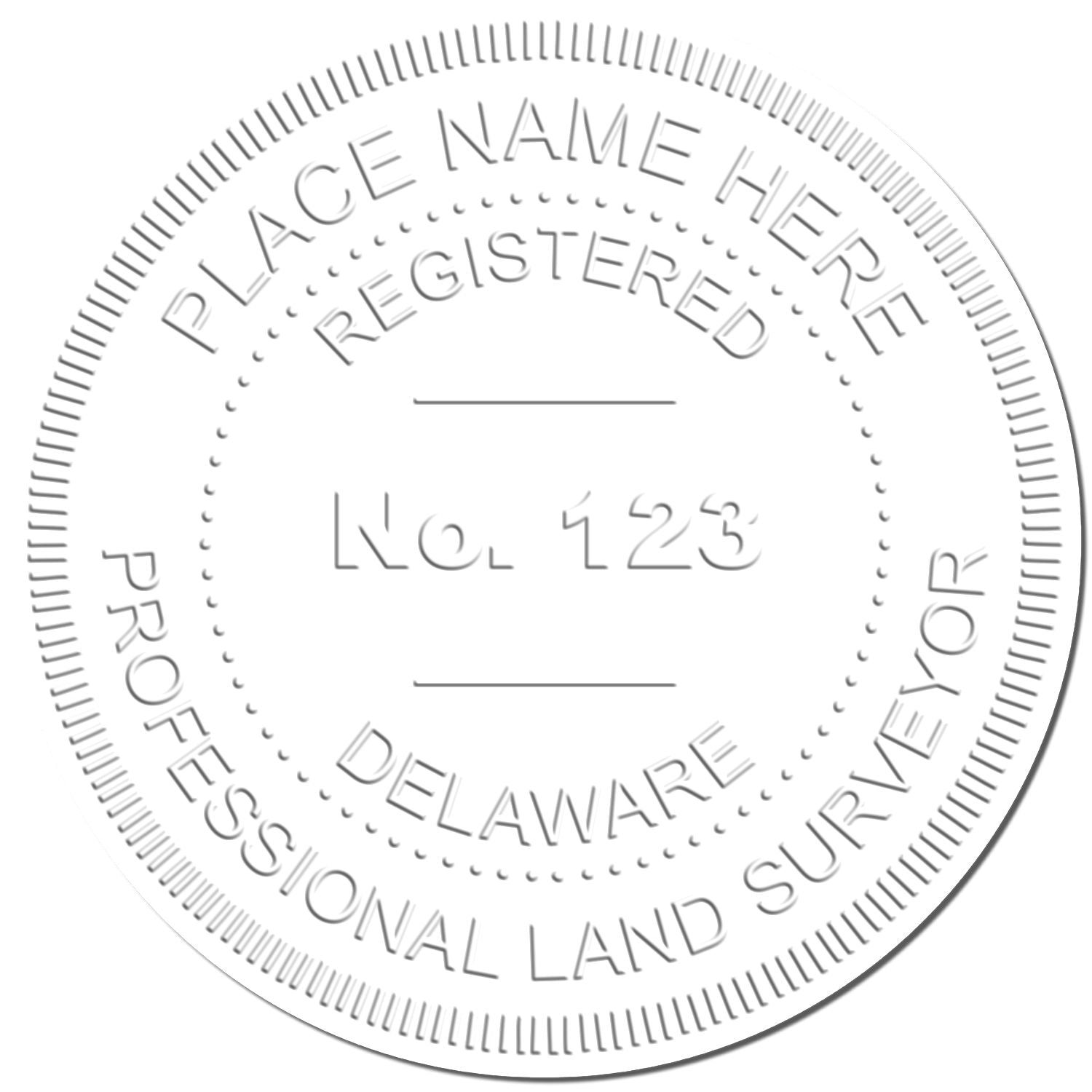 Circular professional land surveyor stamp template with placeholder text Place Name Here, Registered Professional Land Surveyor, and No. 123.