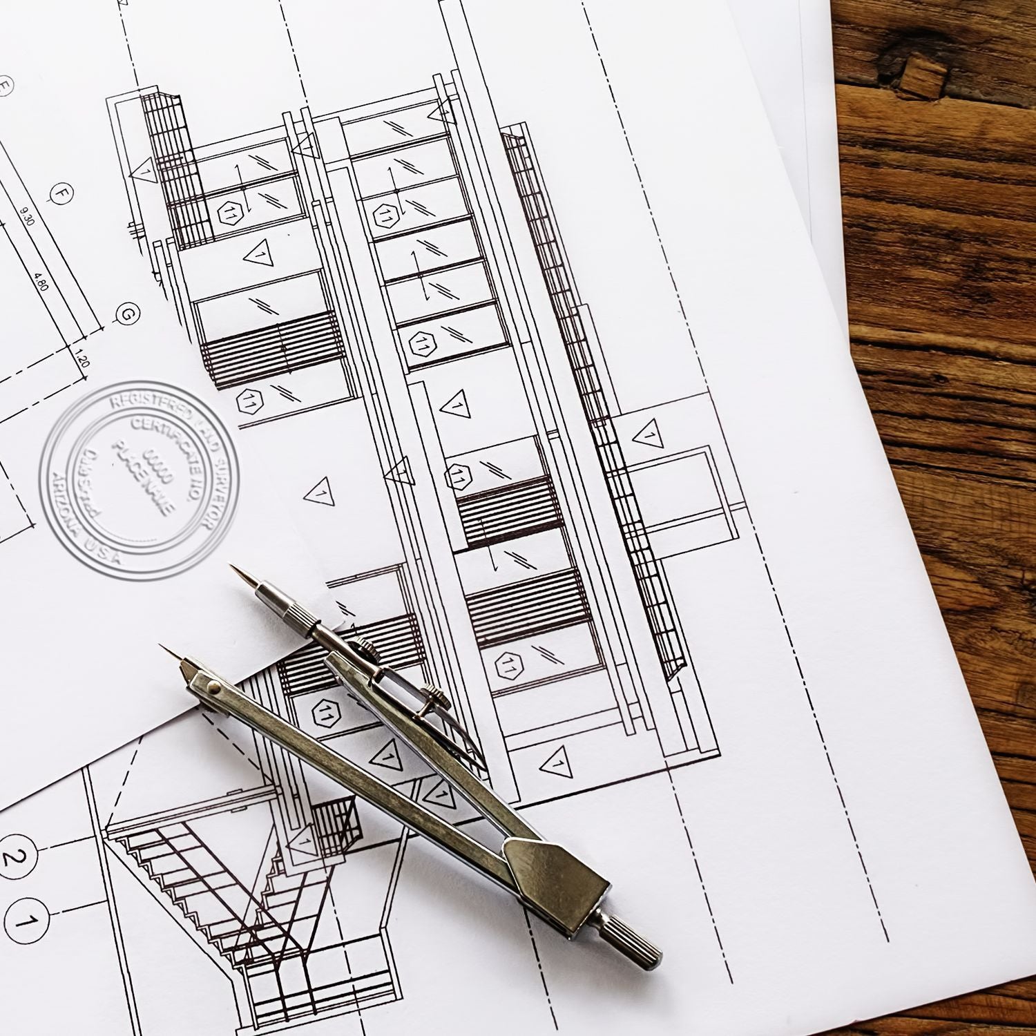 Architectural blueprint drawing with drafting compass on wooden desk, construction plan and technical design concept.