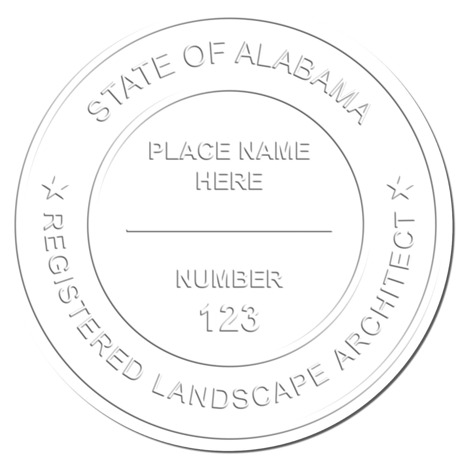 Circular Alabama registered landscape architect seal template with place name and license number placeholders.