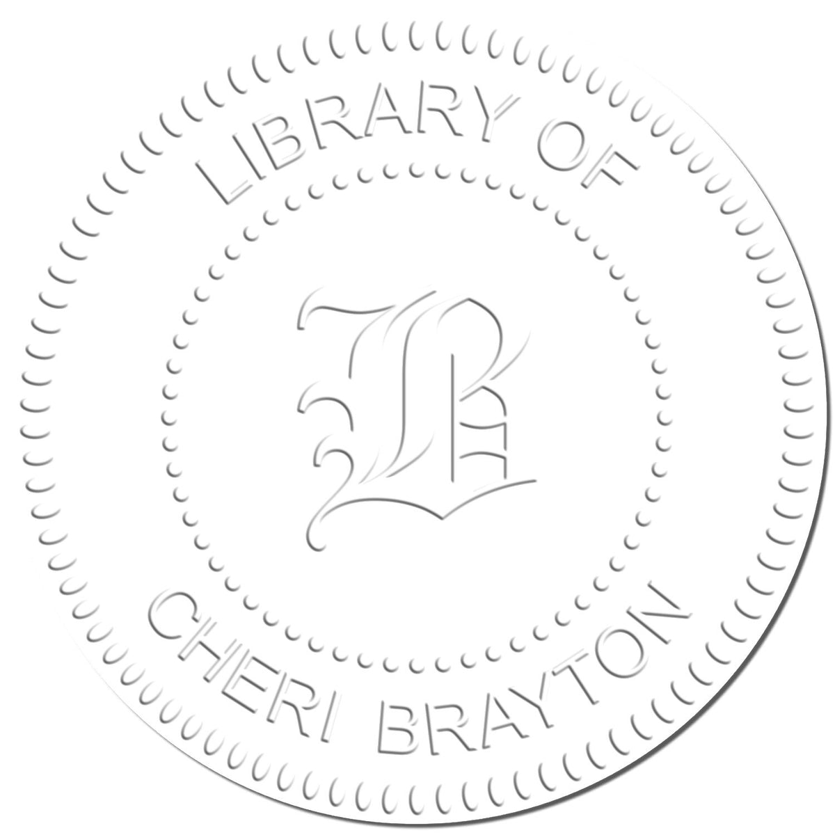 Circular library logo with an open book icon and embossed Library of text in a minimalist design.