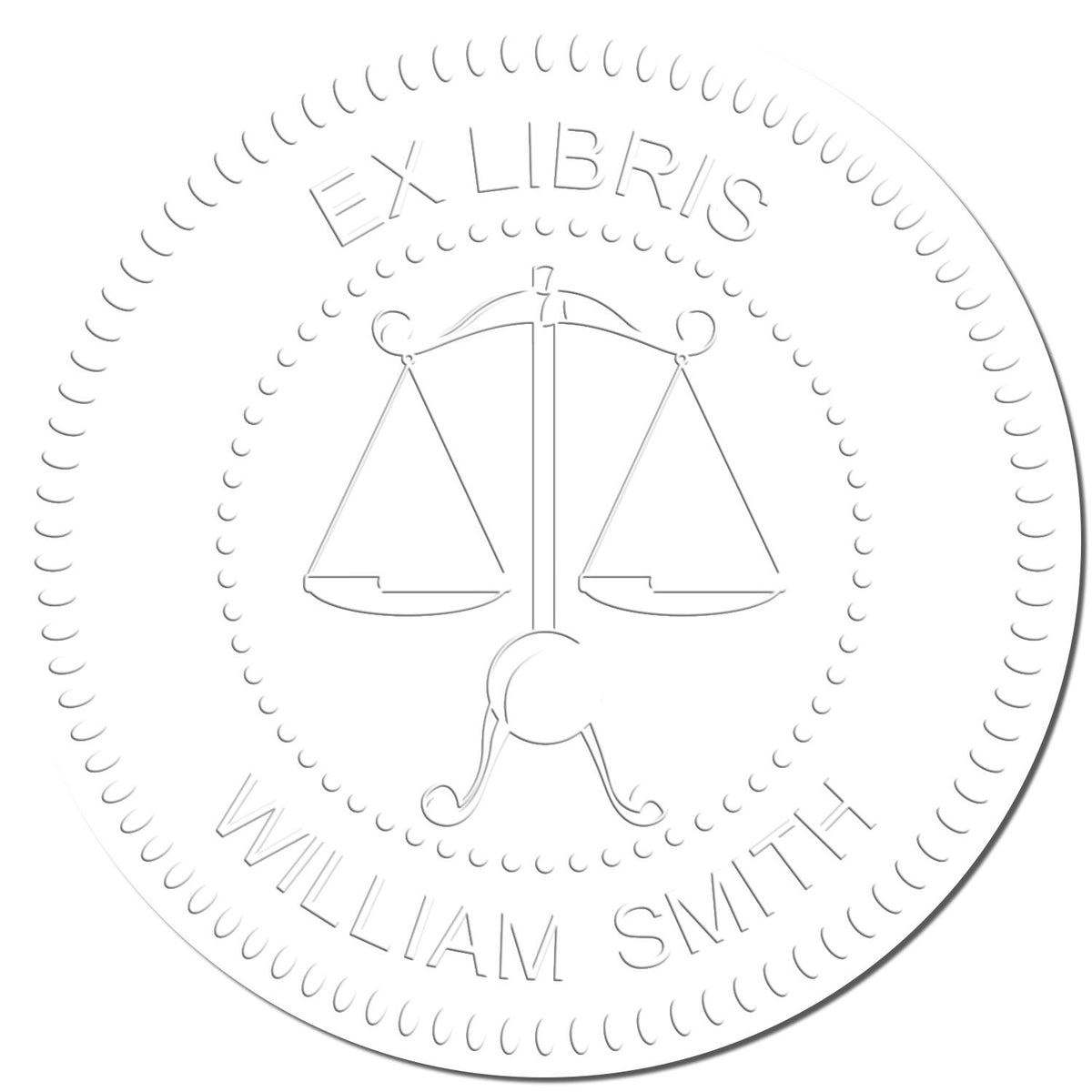 Embossed Ex Libris bookplate with scales of justice and the name William Smith in elegant circular seal design.
