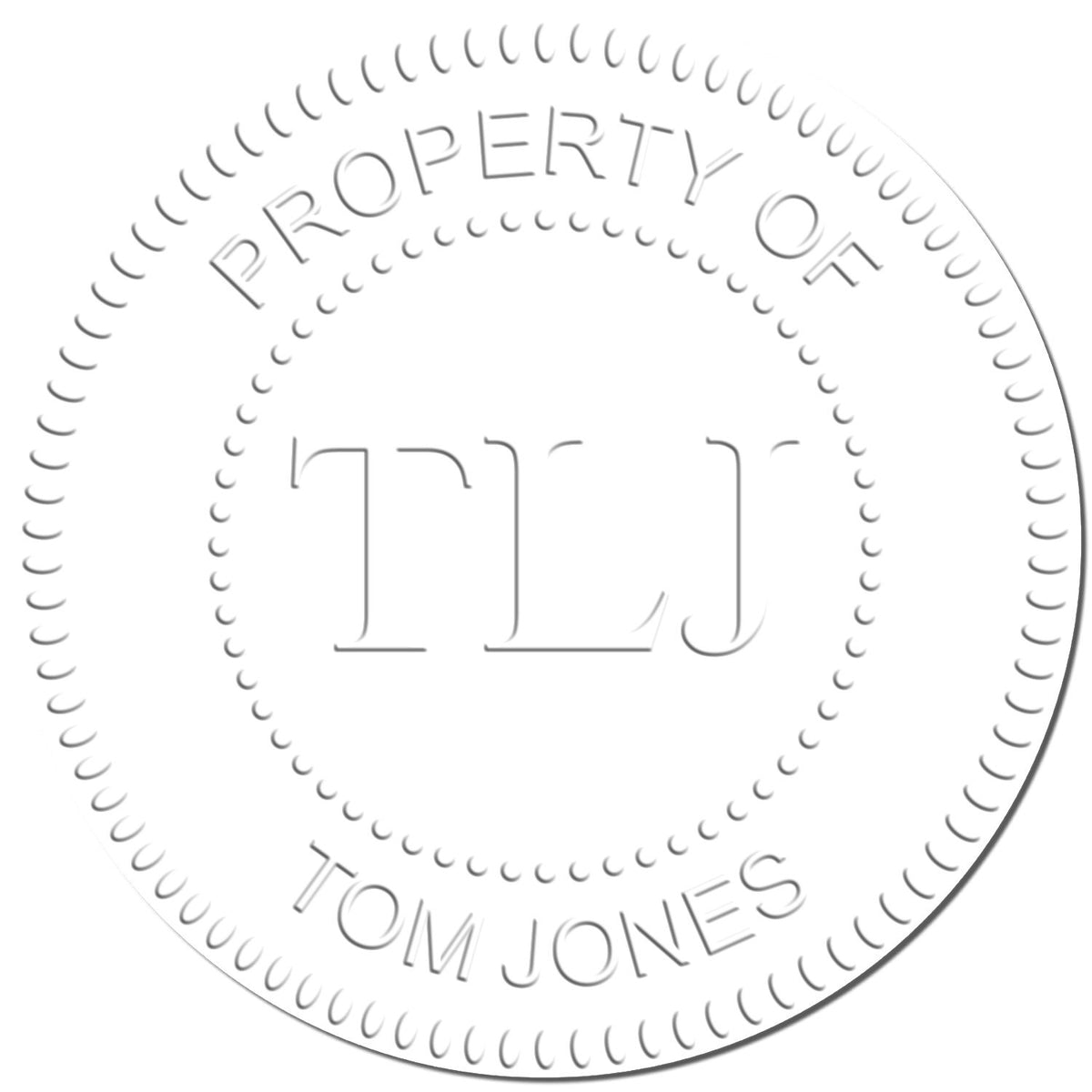 Property of Tom Jones circular monogram logo with TJ initials and decorative border.