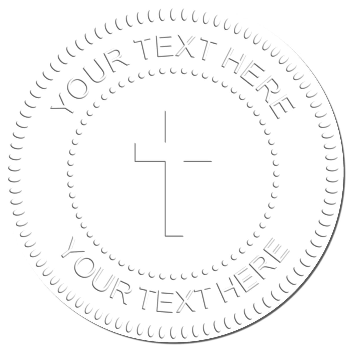 Circular embossed placeholder logo template with Your Text Here text around a minimalist cross icon, ideal for custom coin or seal design.
