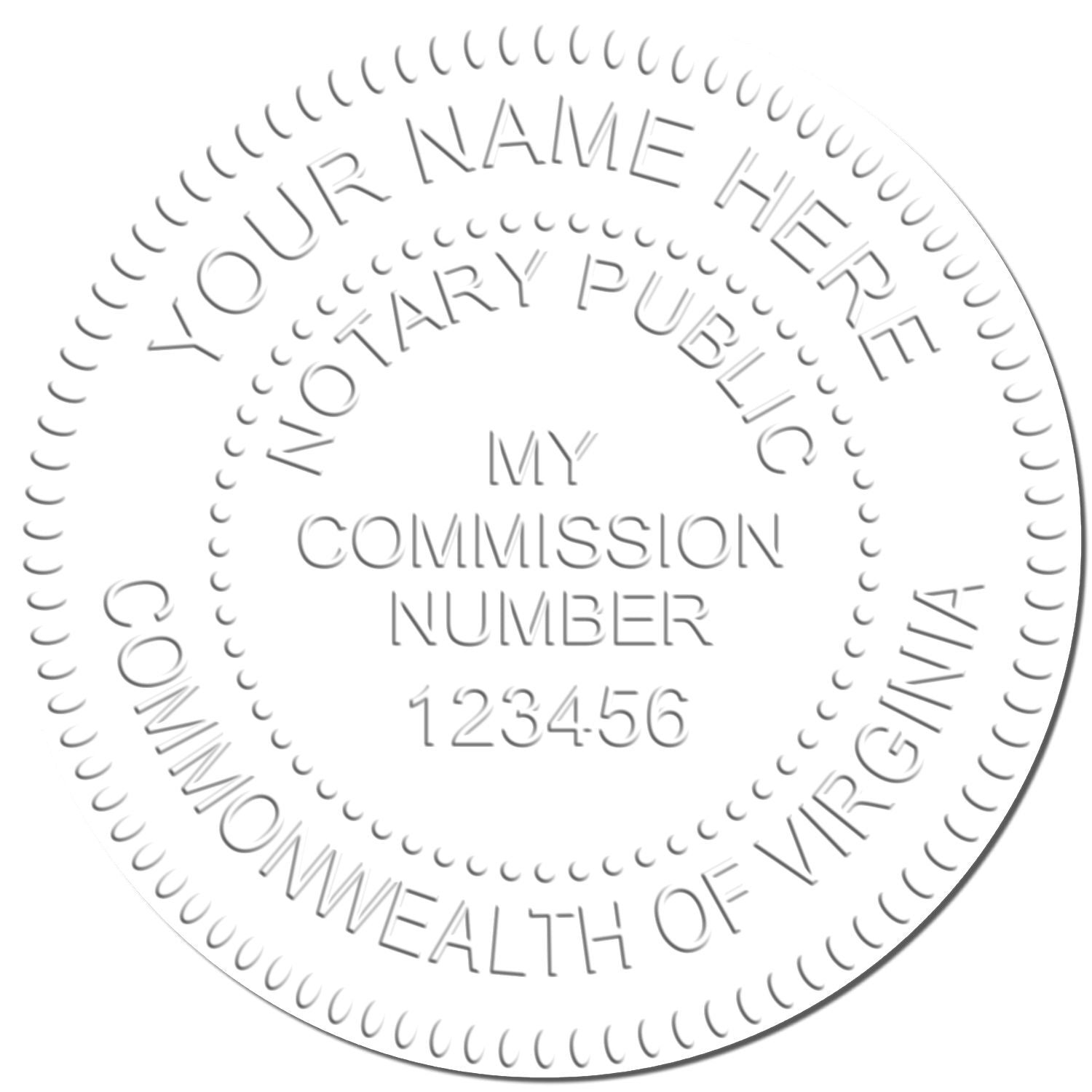 Circular Virginia notary public seal template with placeholder name, commission number, and Commonwealth of Virginia text.