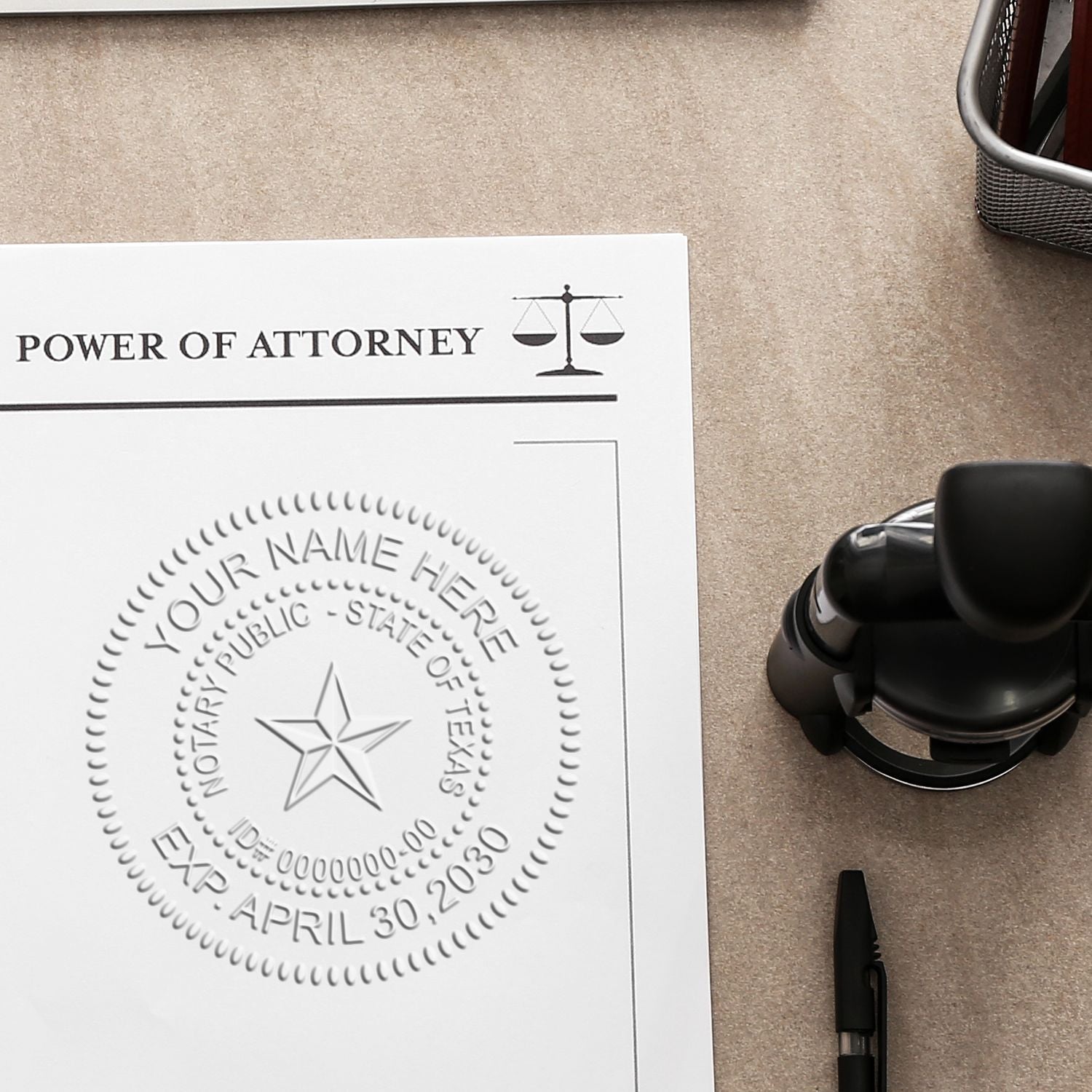 Power of attorney document with notary seal and stamp on office desk.