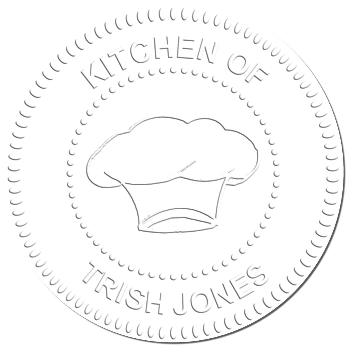 Embossed Kitchen of Trish Jones logo with a chef hat icon and circular decorative border.