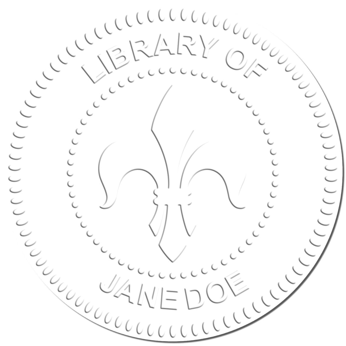 Embossed Library of Jane Doe circular seal logo with fleur-de-lis design on a white background.
