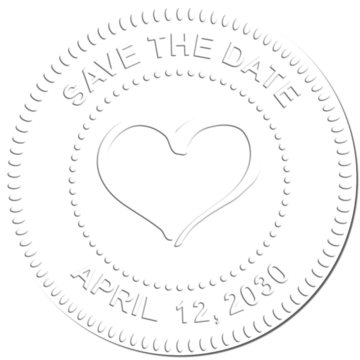 Save the Date heart-shaped coin design with April 22, 2030 text on a white circular background