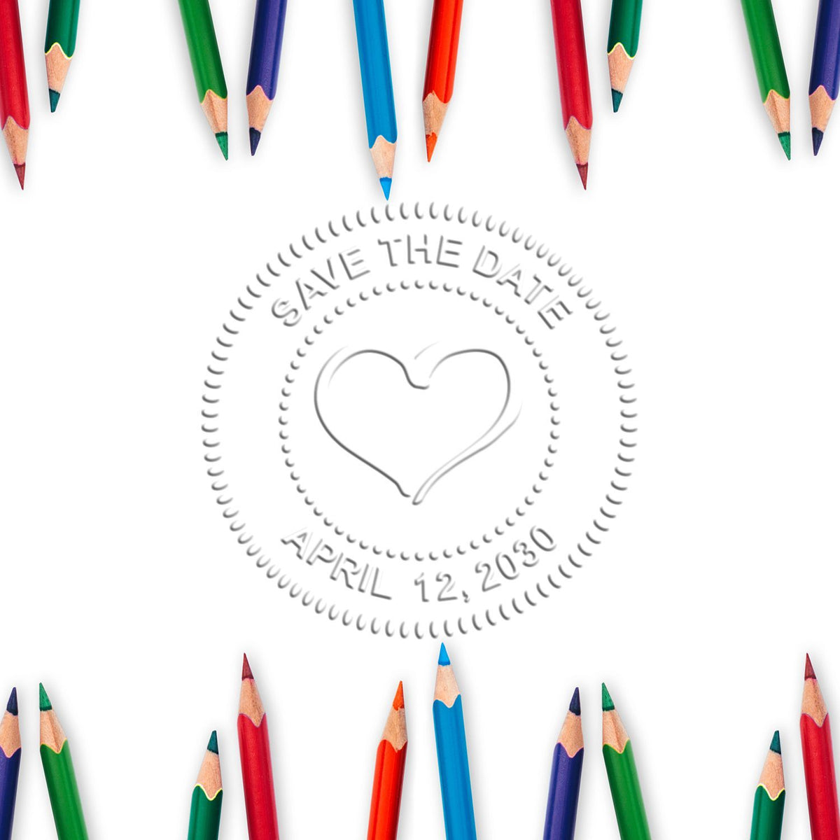 Colorful pencils border with heart-shaped Save the Date message for April 12, 2030 on a white background.