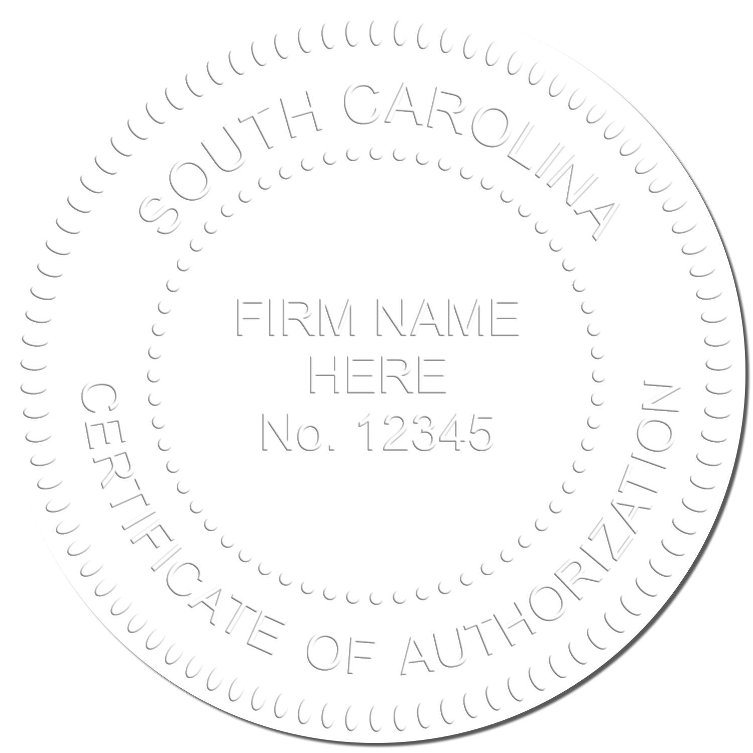 Embossed South Carolina certificate of authorization seal template with firm name and license number placeholder.
