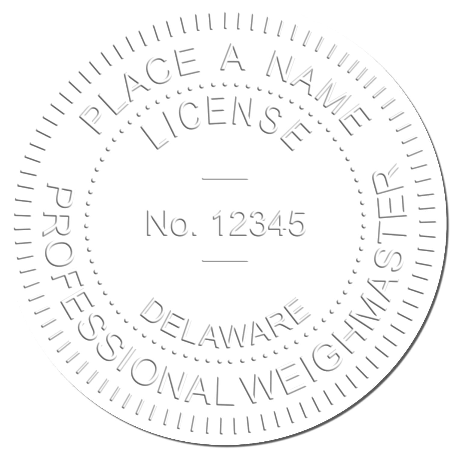Circular Delaware professional weighmaster license seal template with license number 12345.