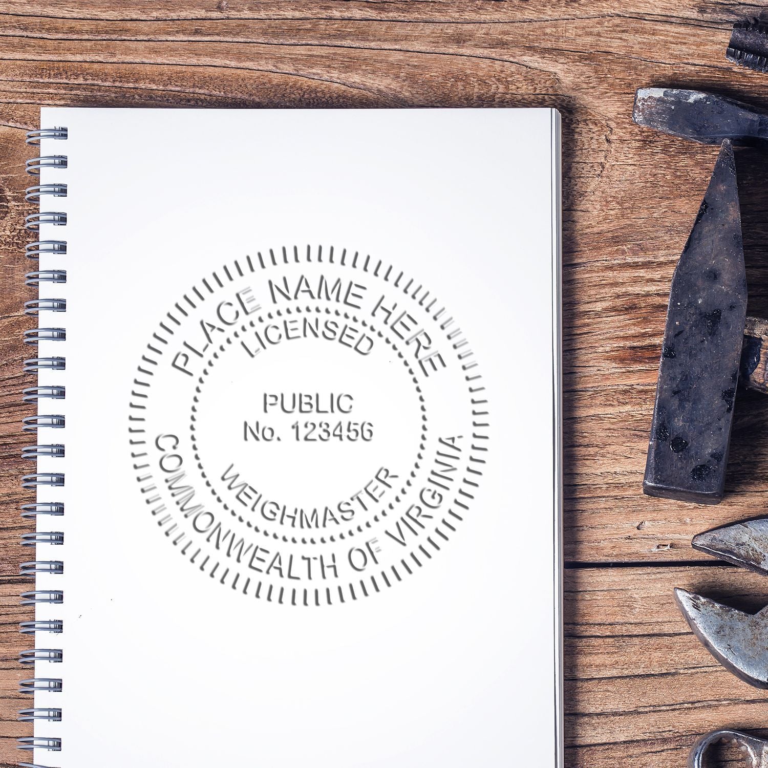 Blank spiral notebook mockup on rustic wooden desk with notary public seal placeholder.