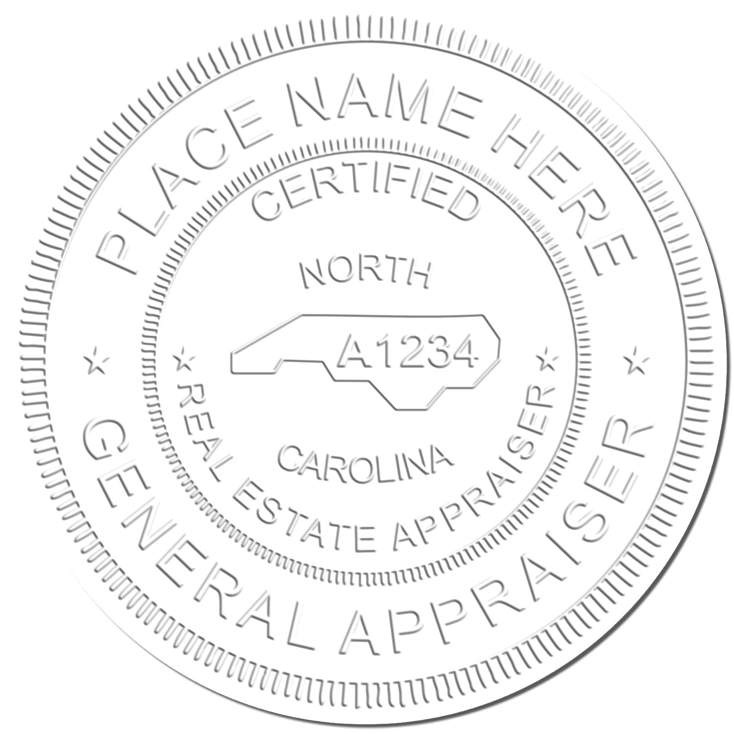 Embossed North Carolina certified real estate general appraiser seal with place name placeholder and map outline.