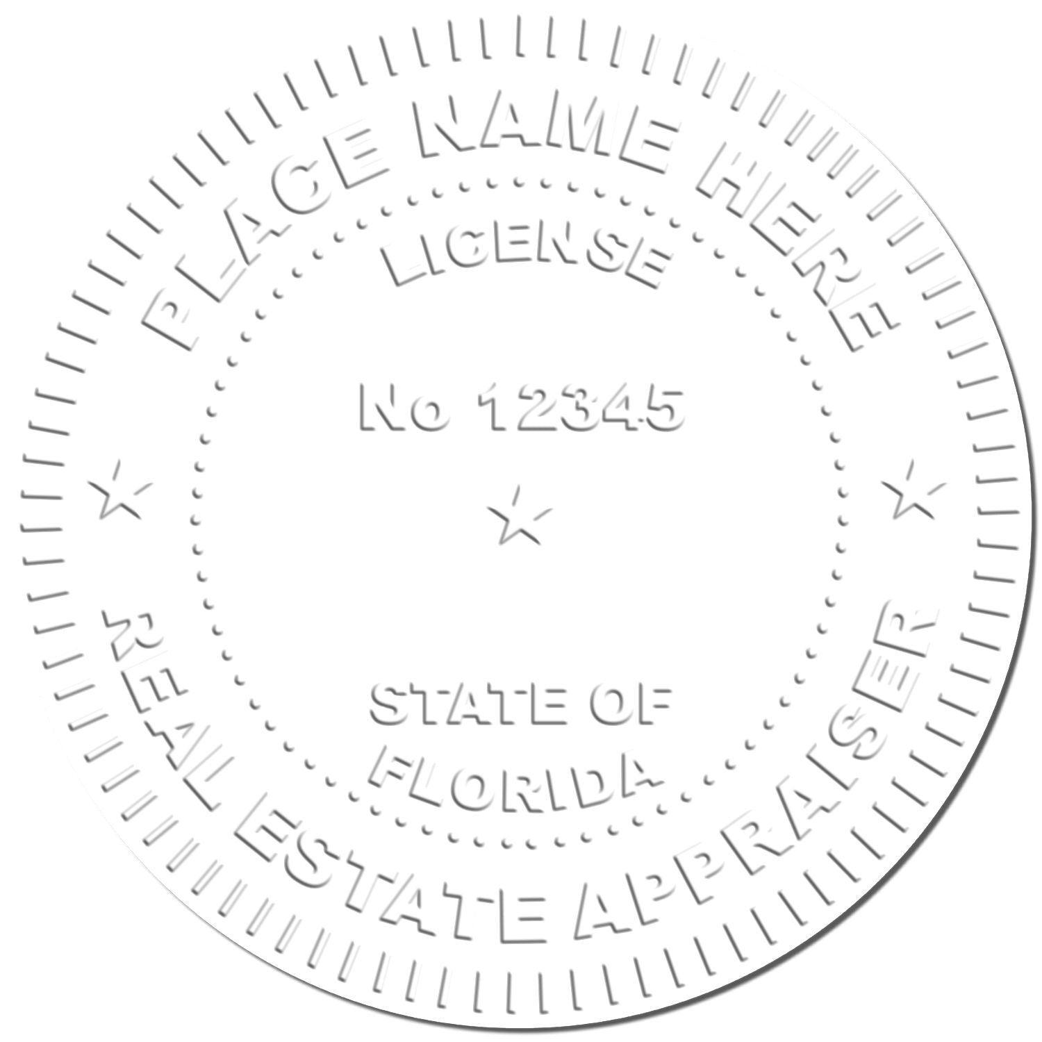 Circular placeholder seal template with Place Name Here, License No. 12345, and State of Florida text.