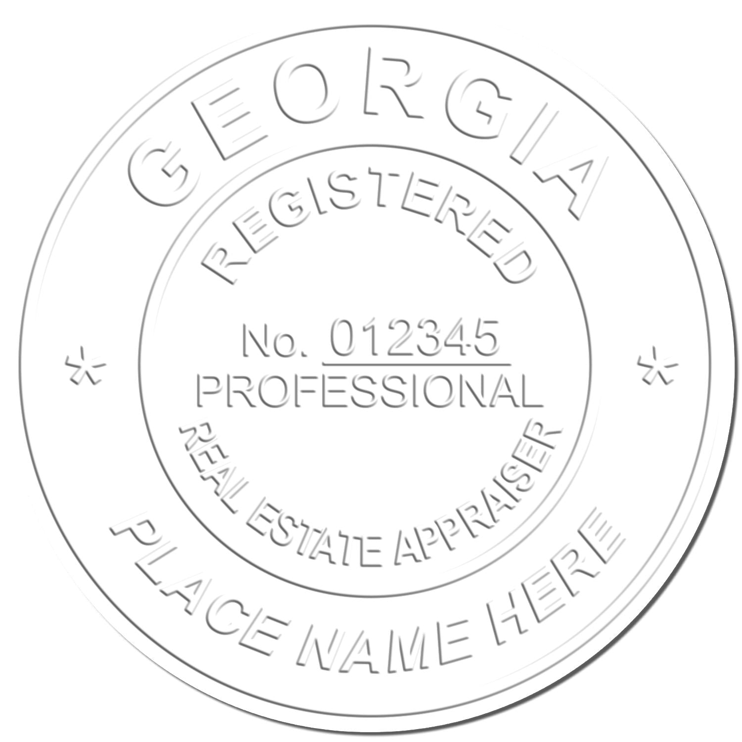 Georgia registered real estate appraiser professional seal with license number 012345 and place name placeholder.