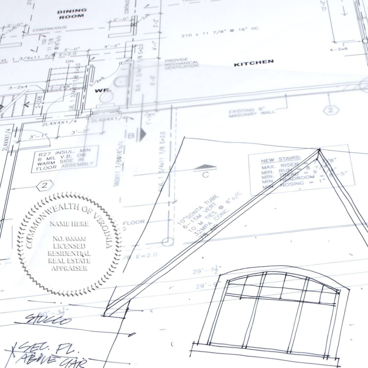 Architectural blueprint of a residential floor plan with hand-drawn staircase and window details, Virginia real estate appraisal seal visible