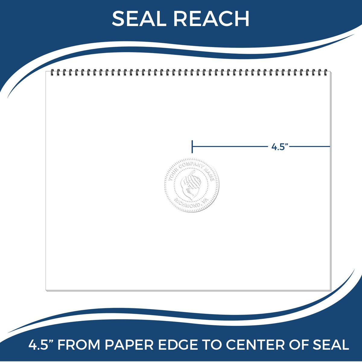 Seal reach template showing a 4.5-inch distance from paper edge to center of seal on a spiral-bound page.
