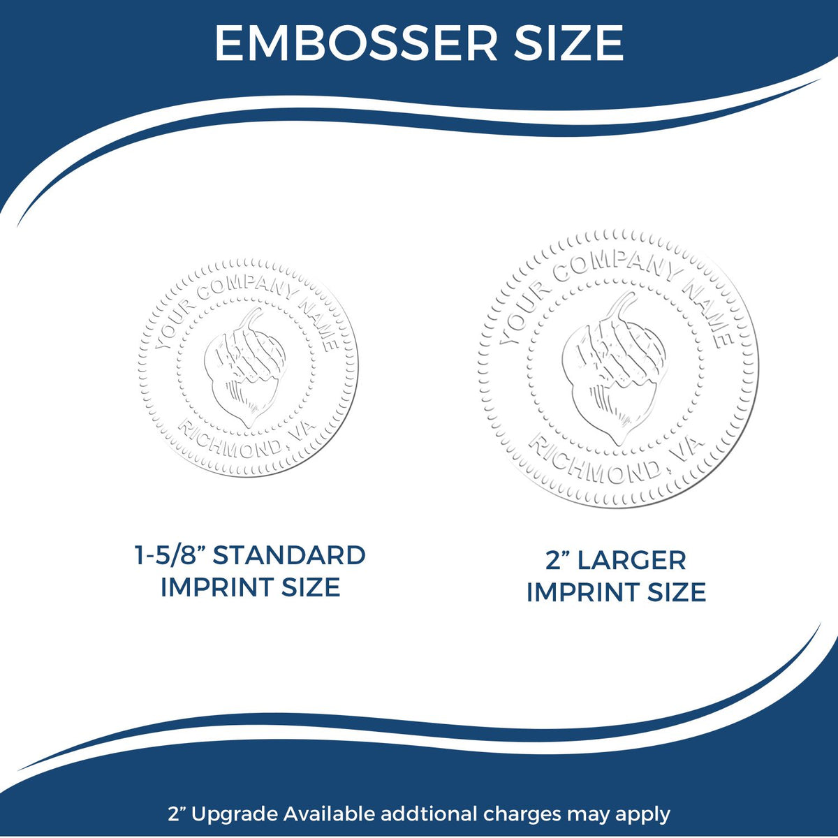 Embosser size comparison showing 1-5/8 inch standard imprint size and 2 inch larger imprint size for custom company seal embossers.