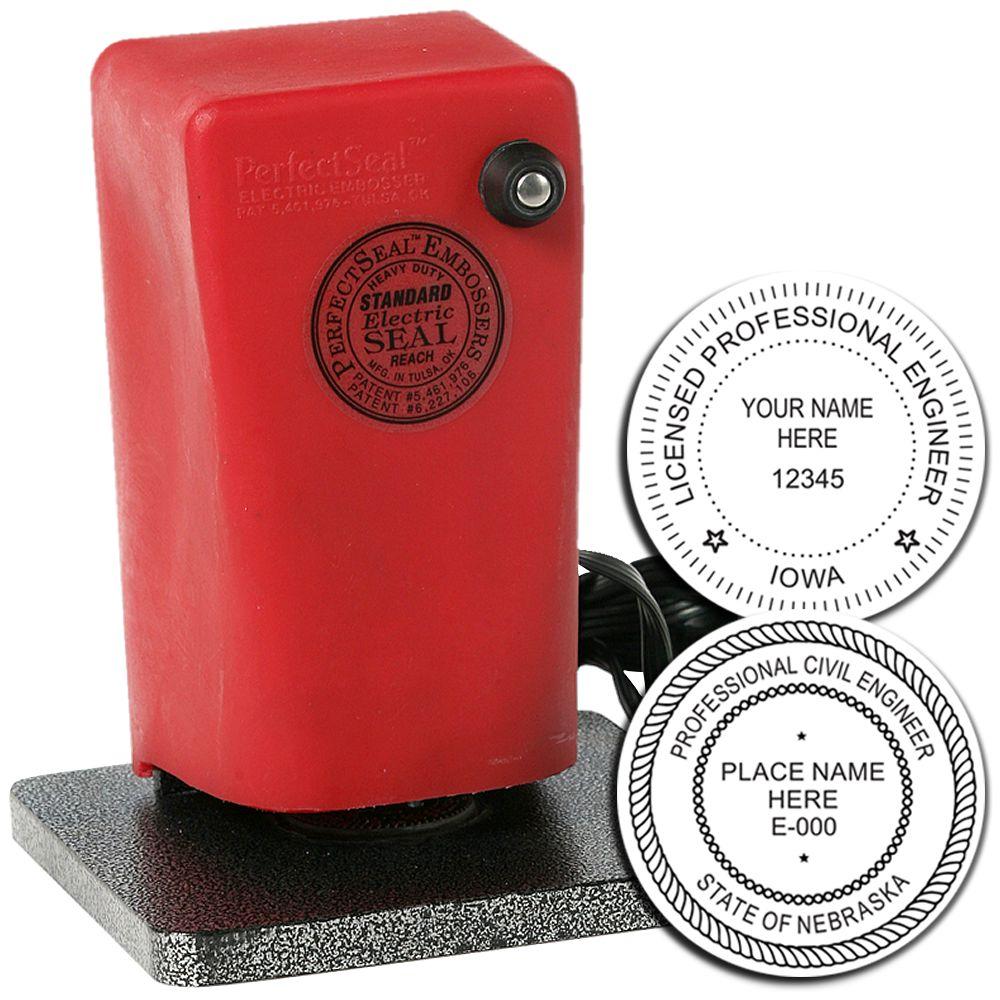 Red electric seal embosser with custom professional engineer stamp examples for Iowa and Nebraska.
