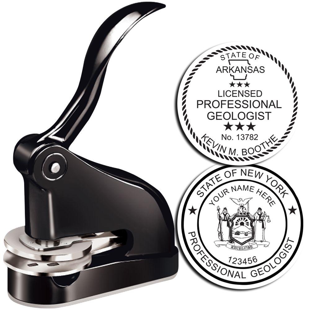 Custom professional geologist embossing seal stamp with Arkansas and New York state designs.