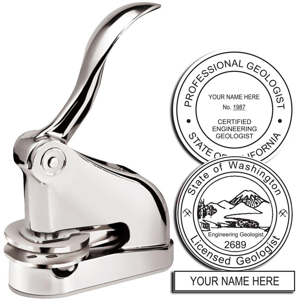 Custom professional geologist embosser seal stamp with chrome desk embosser and California and Washington engineering geologist seal designs.
