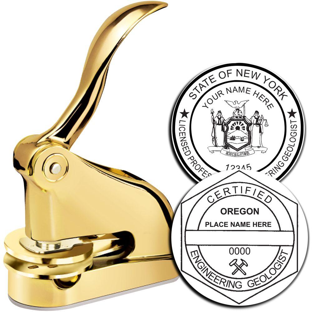 Gold custom embosser stamp with New York and Oregon licensed professional geologist seal designs on a white background