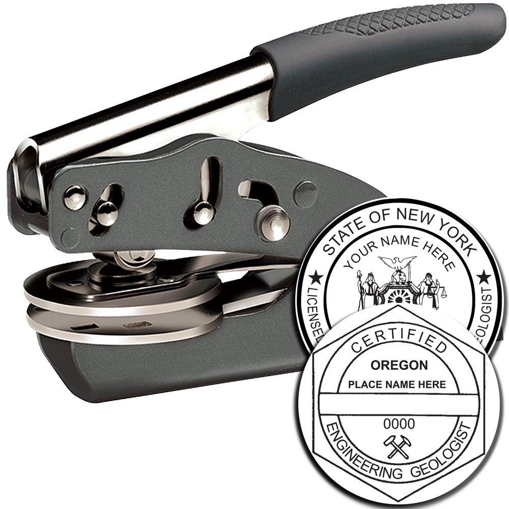 Heavy-duty handheld embossing seal press with custom New York and Oregon certification stamp inserts