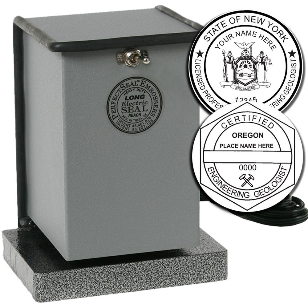 Electric seal embosser with custom state engineering geologist certification seals for New York and Oregon.