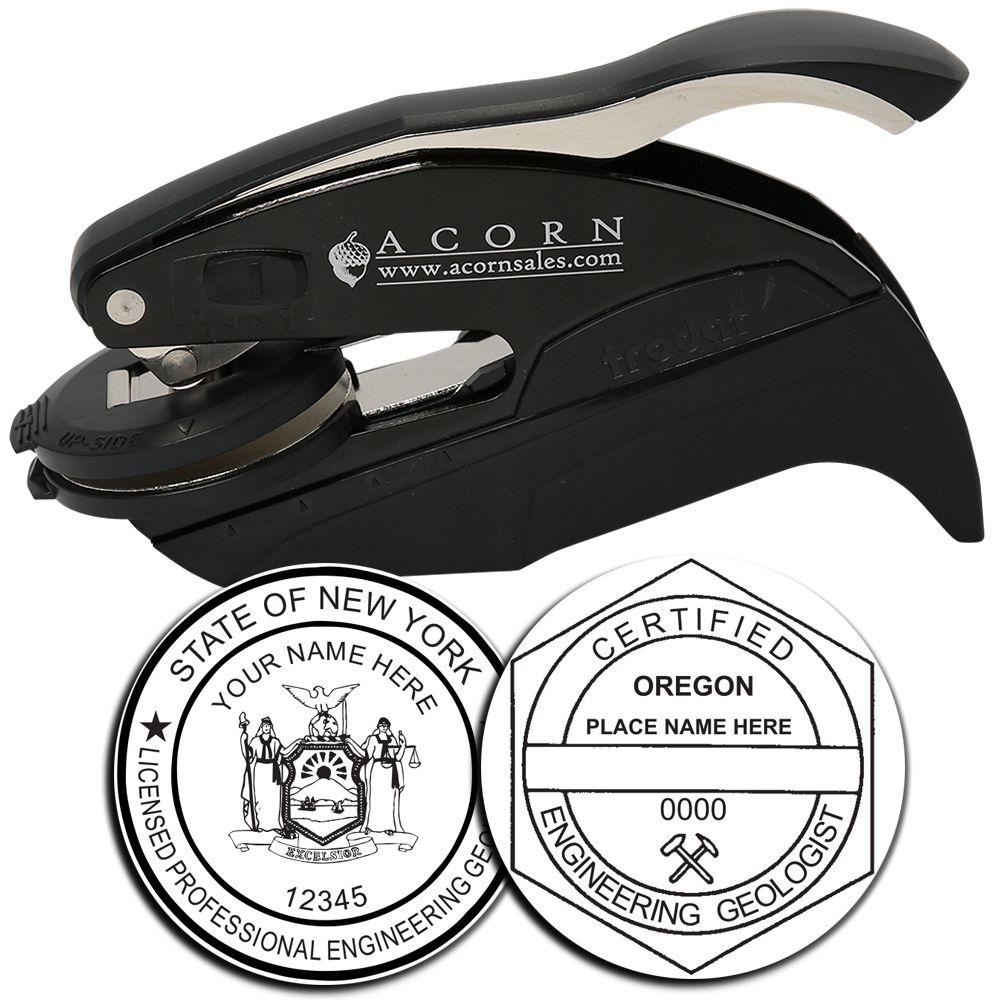 Black handheld embossing seal press for professional engineering geologist stamps, with New York and Oregon certification seal examples.