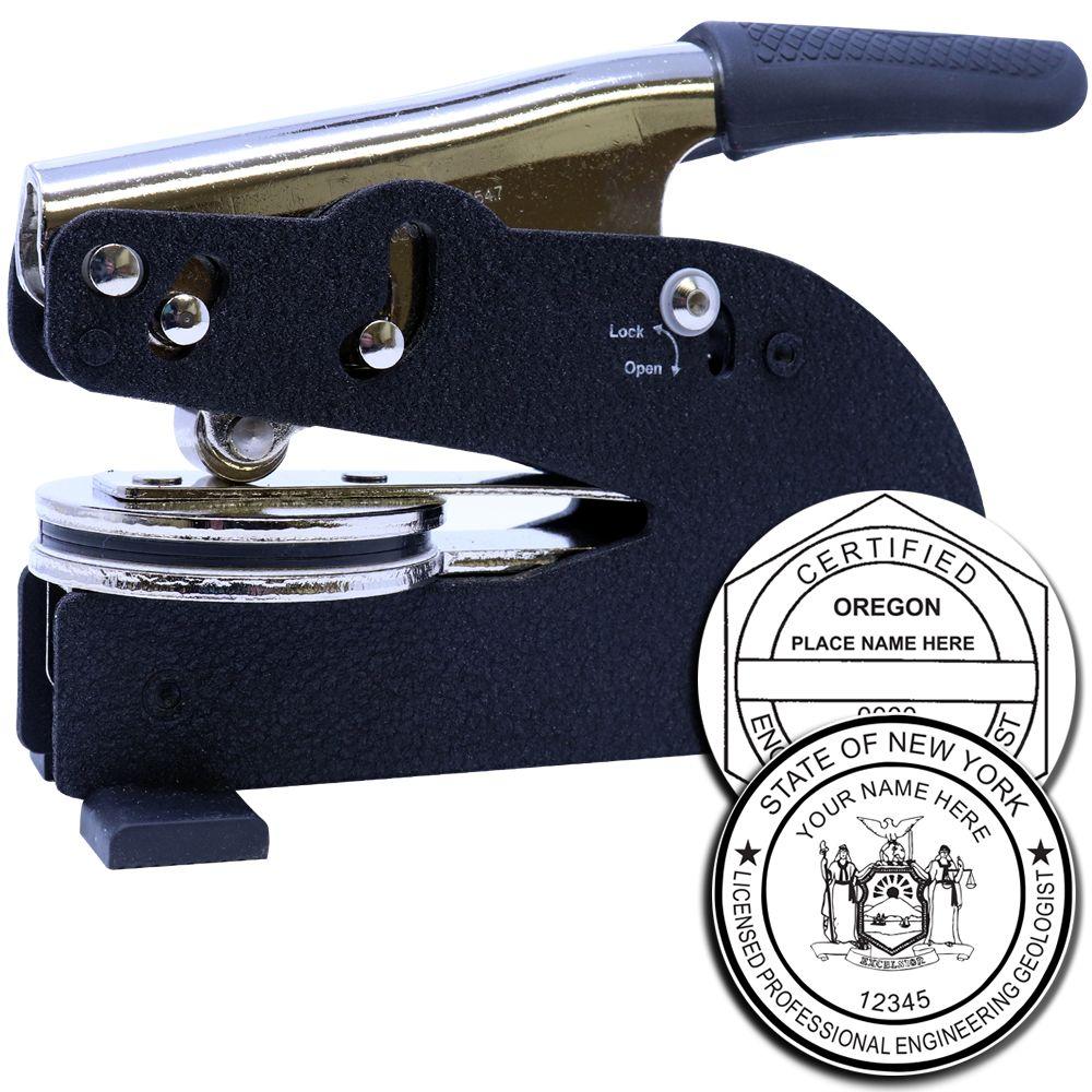 Heavy-duty professional embosser seal press with custom Oregon and New York state certification seals.