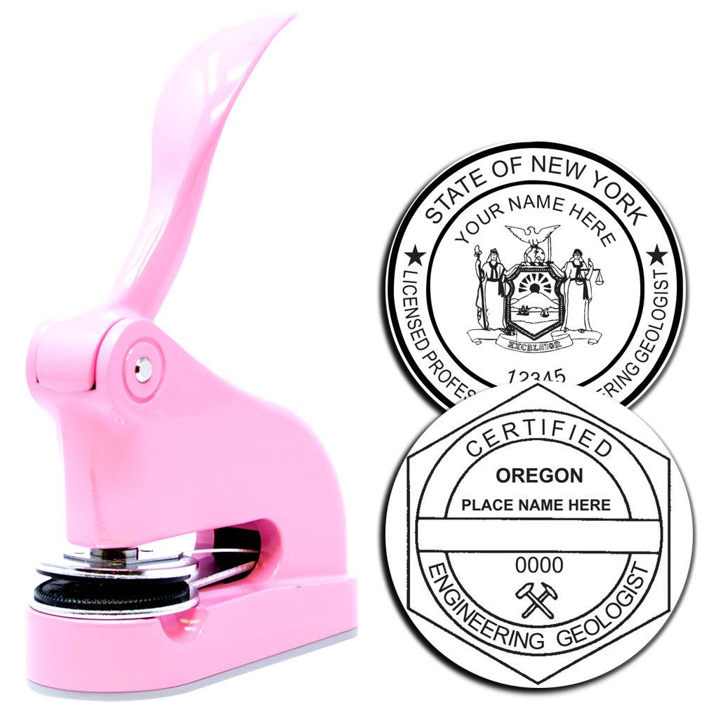 Pink embossing seal stamp with custom New York and Oregon licensed professional geologist certification designs.