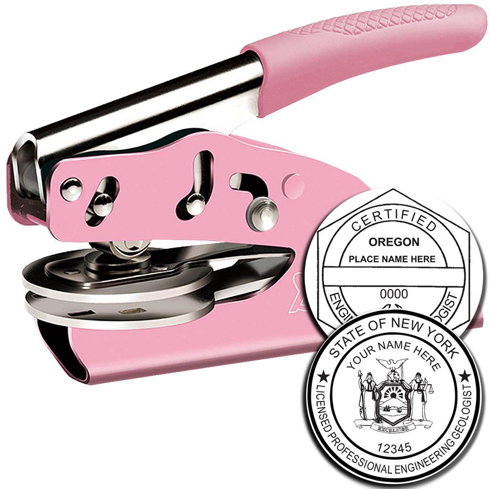 Pink handheld embossing seal press with custom Oregon and New York professional engineer/geologist stamp plates.