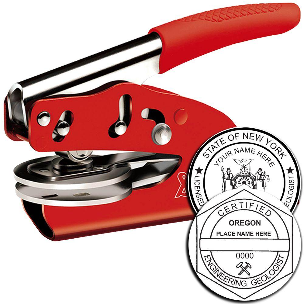 Red custom embossing seal press for professional engineer and geologist state certification stamps, with New York and Oregon seal examples